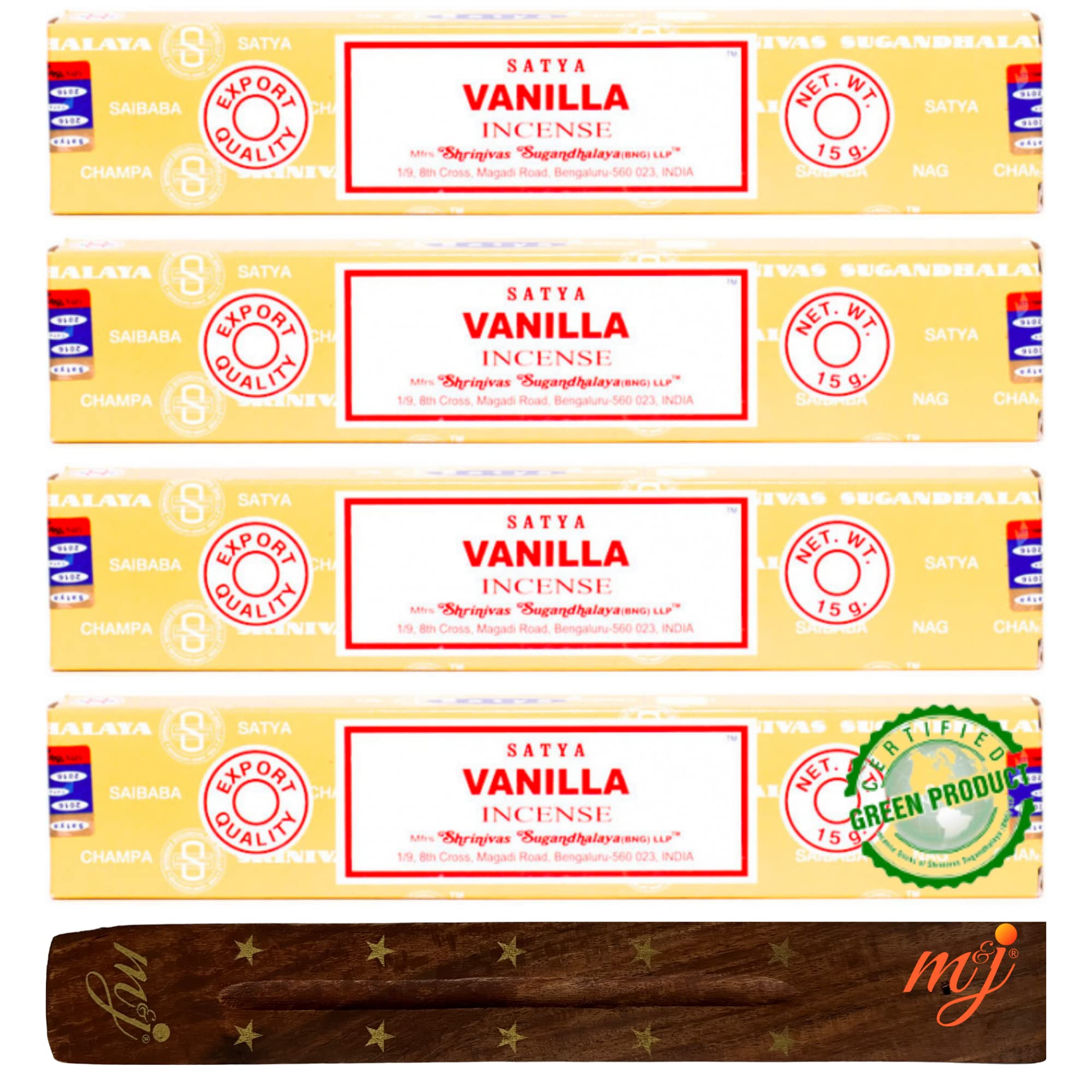 Original Satya Nag Champa Vanilla Incense Sticks | with M&J incense sticks holder | x4 pack | for Aromatherapy, Spa, Yoga, Weddings, Meditation, Healing, Positivity and Relaxation — image 1