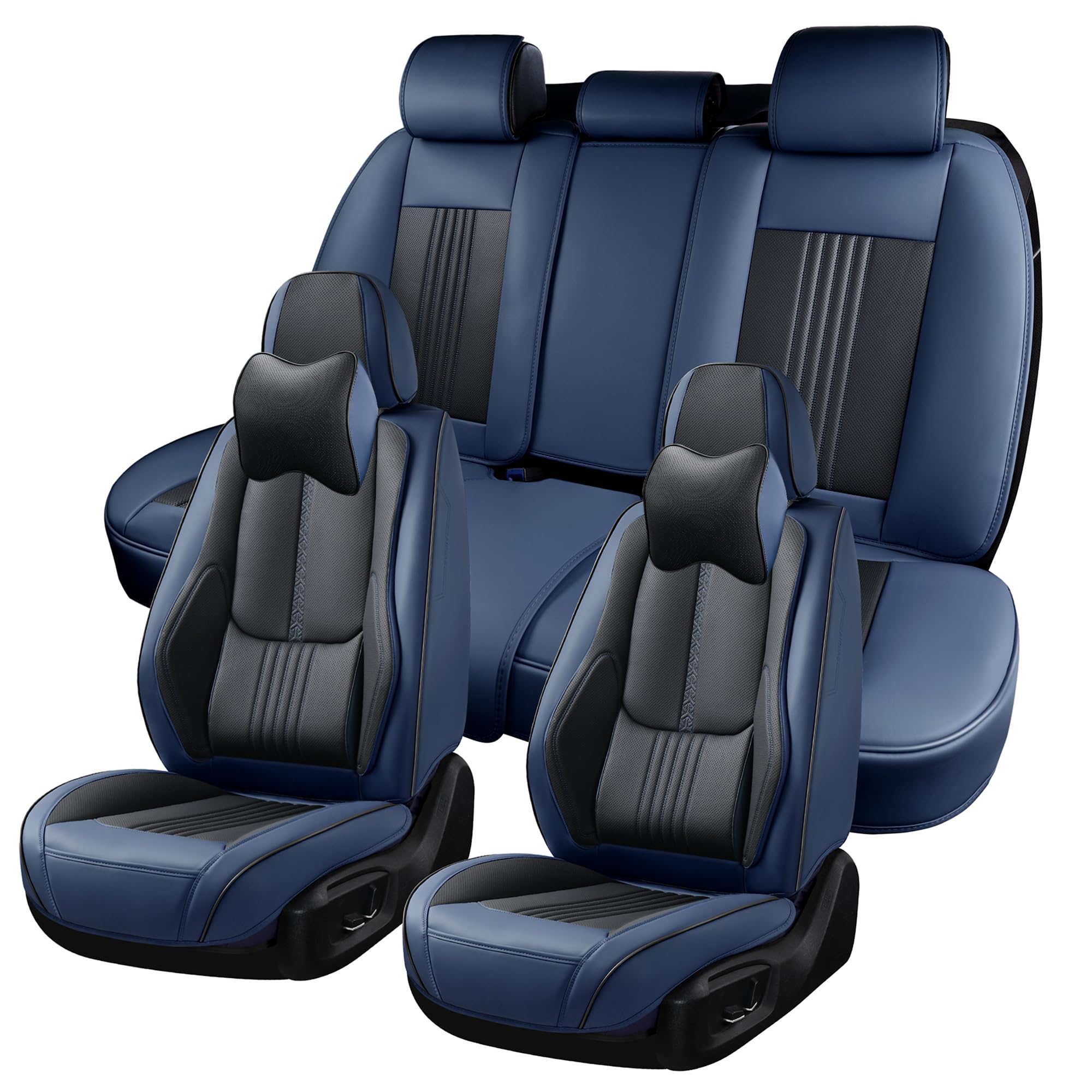 Photo 1 of BWTJF Car Seat Covers Full Set, Front and Rear Seat Covers for Cars, Waterproof Leather Auto Seat Protectors with Head Pillow, Car Seat Cushions Fit for Most Sedans SUV Pick-up Truck, Black&Navy