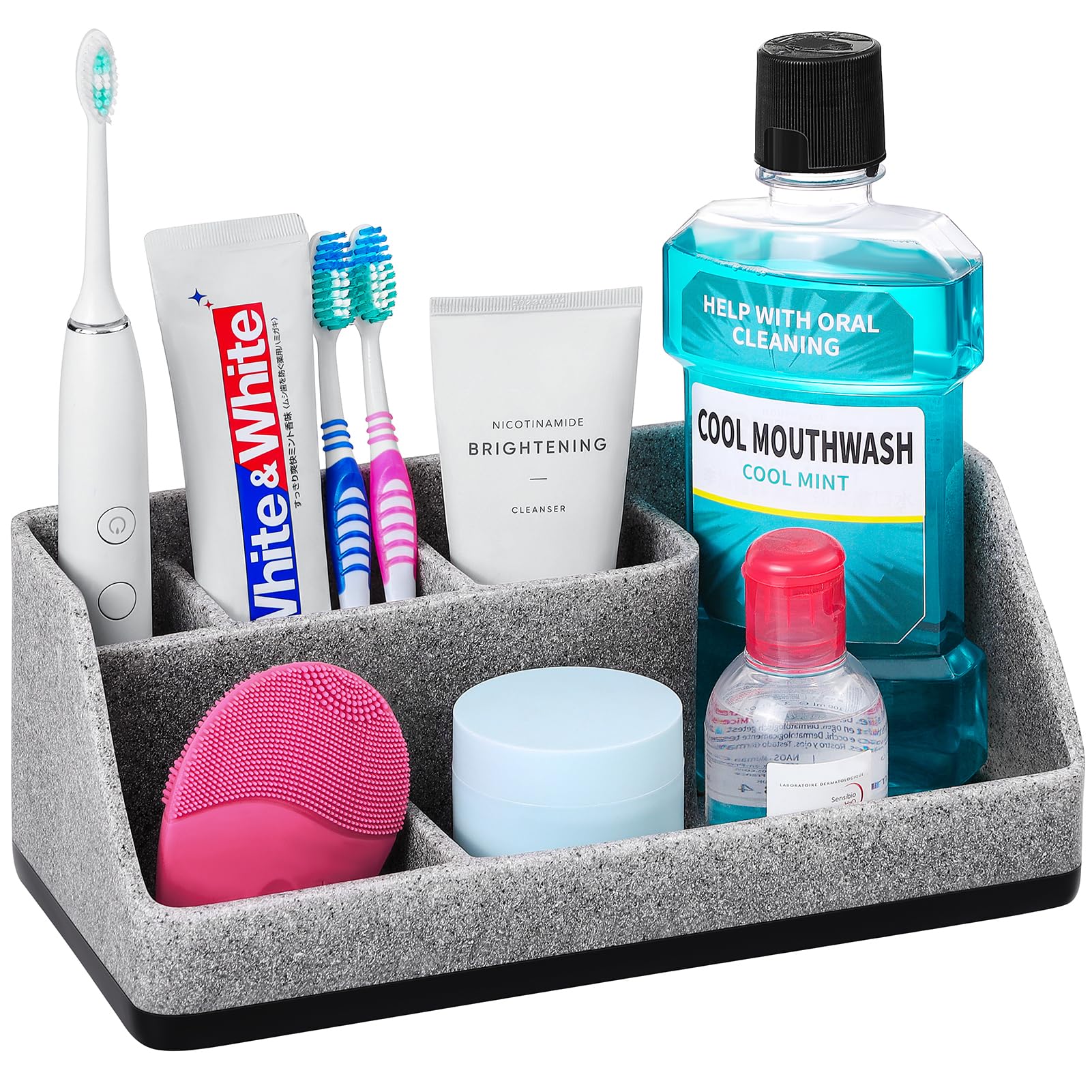 Photo 1 of VITVITI Toothbrush Holder for Bathroom, Bathroom Organizer Countertop, Bathroom Accessories with 5 Compartment Storage for Toothpaste/Vanity Counter, Gray Resin of Marble Color