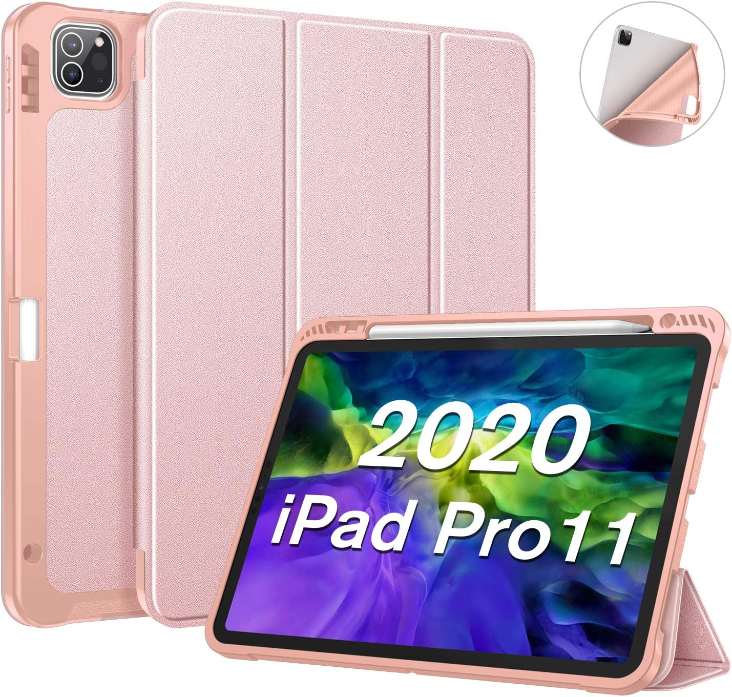 CaseBot SlimShell Case for iPad Pro 11 Inch 2020/2018 - [Supports 2nd Gen Pencil Charging] Soft TPU Smart Stand Back Cover with Pencil Holder, Auto Wake/Sleep, Rose Gold
