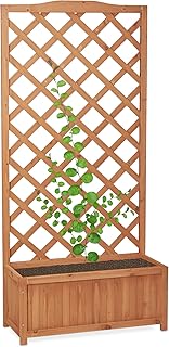 Relaxdays Rankkasten Holz, Garten Pflanzkübel m. Rankgitter, 35 L Pflanzkasten, 150 cm Rankhilfe wetterfest, natur