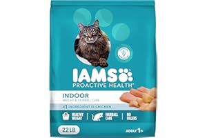 IAMS Proactive Health Dry Cat Food, Indoor Weight and Hairball Care Cat Food Dry Recipe, with Real Chicken in Every Bite, 22 lb. Bag