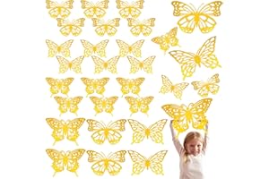 Yeaqee 24 Pcs Large Butterfly Party Decoration 3D Butterflies Wall Decor Set 2 Sizes 3 Styles Large Stickers for Birthday Baby Shower Nursery Bedroom Wedding Decor Cutouts (Gold)