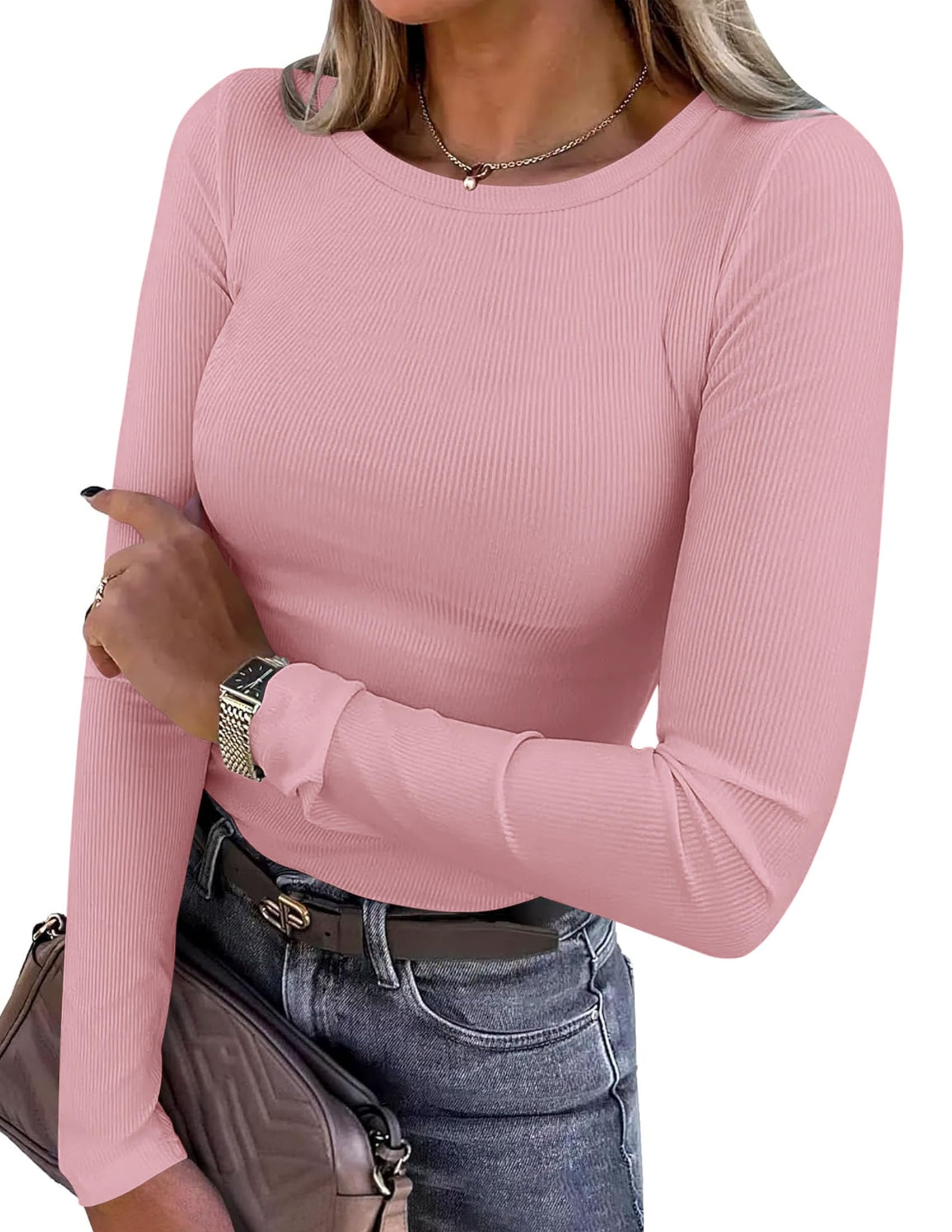 Photo 1 of **DIRTY**PRETTYGARDEN Women 2025 Fall Clothes Long Sleeve Shirts Ribbed Knit Fitted Basic Tee Going Out Tops Underscrub Casual Outfits (Pink,X-Small)