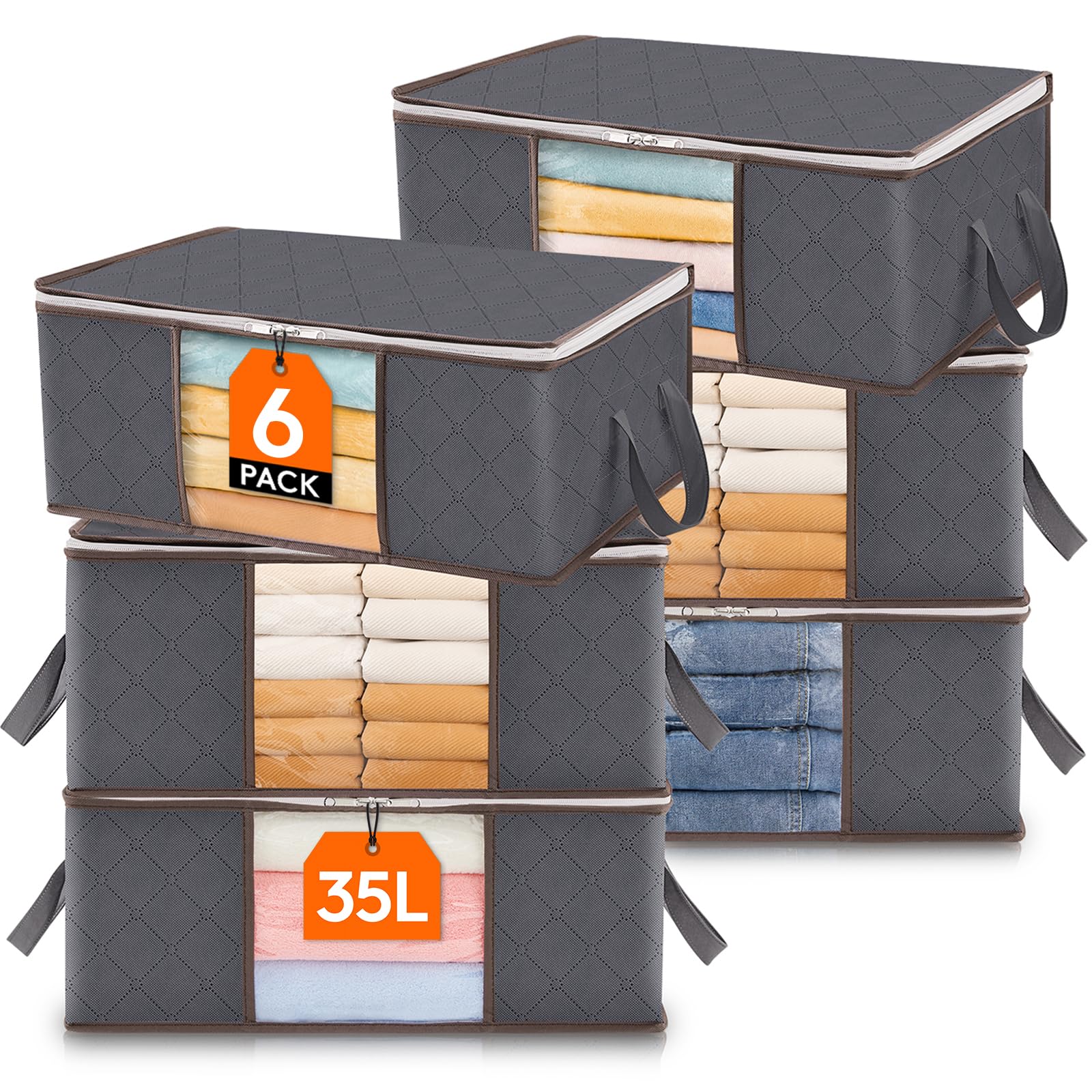 Lifewit 35L Clothes Storage Bags with Clear Window, Foldable Underbed Clothes Covers, Organisers for Clothing, Bedding, Sweaters Protection, 6 Pack, Grey
