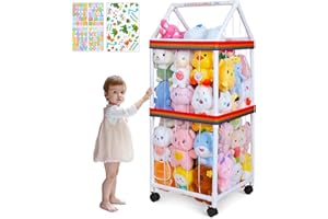 FIOBEE Stuffed Animals Storage Zoo With Wheels 360 Degree Movable Plushies Toy Storage Organizer Large Stuffed Animal Holder Cage With DIY Stickers for Nursery Play Room Kids Room Organization, White