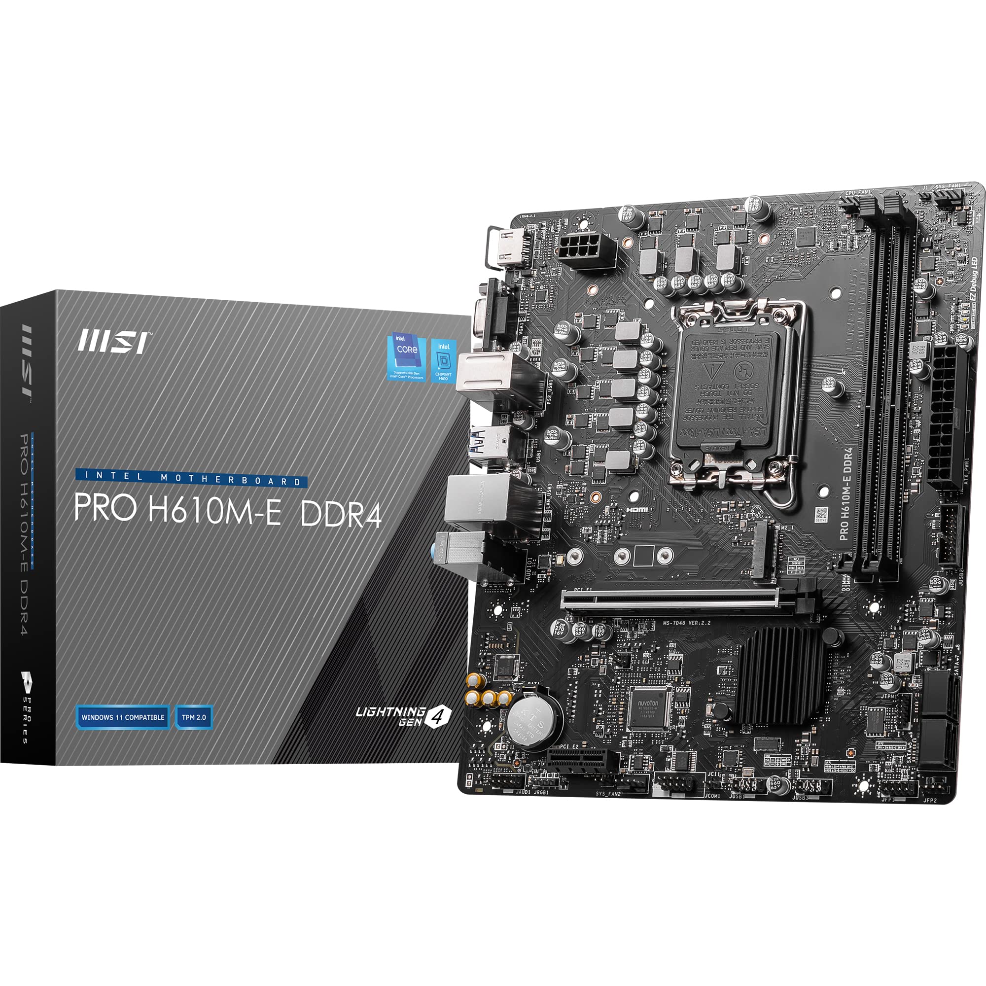 MSI PRO H610M-E DDR4 Motherboard, Micro-ATX - Supports Intel 12th Gen Core Processors, LGA 1700-2 x DIMMs (3200MHz), 1x PCIe 4.0 x16 slot, 1 x M.2 Gen3, USB 3.2 Gen1, 1G LAN, HDMI 1.4 & VGA