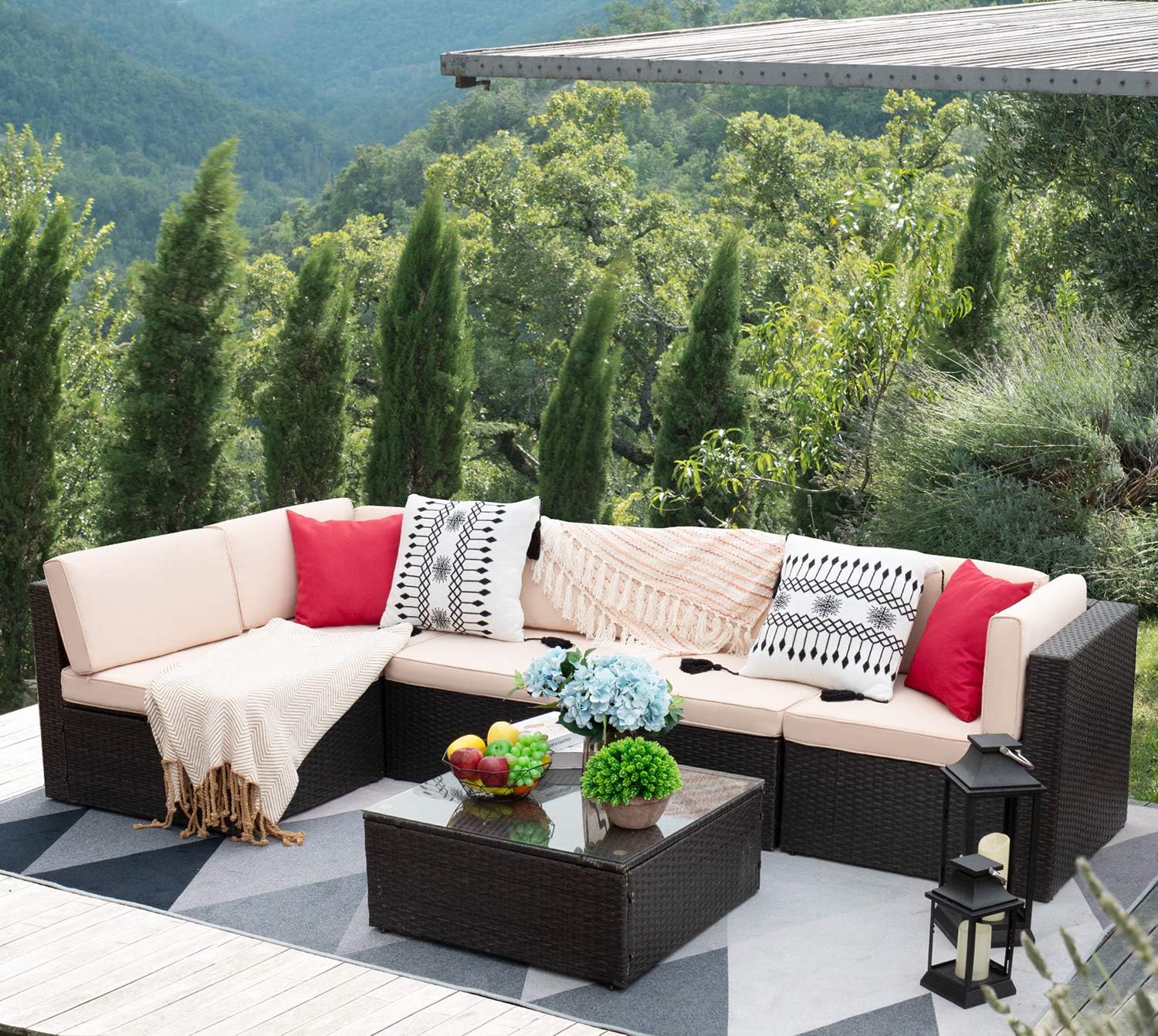 Devoko Patio Furniture Sets 6 Pieces Outdoor Sectional Rattan Sofa All-Weather Manual Weaving Wicker Patio Conversation Set with Glass Table and Cushion (Beige): Garden & Outdoor