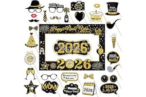 SINGOMON 28PCS New Year 2026 Photo Booth Props with 1pc Photo Booth Frame for New Years Decorations 2026 Black and Gold New Y