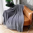 LOMAO Knitted Throw Blanket with Tassels Bubble Textured Soft Lightweight Throws for Couch Cover Home Decor (Dark Grey, 50x60)