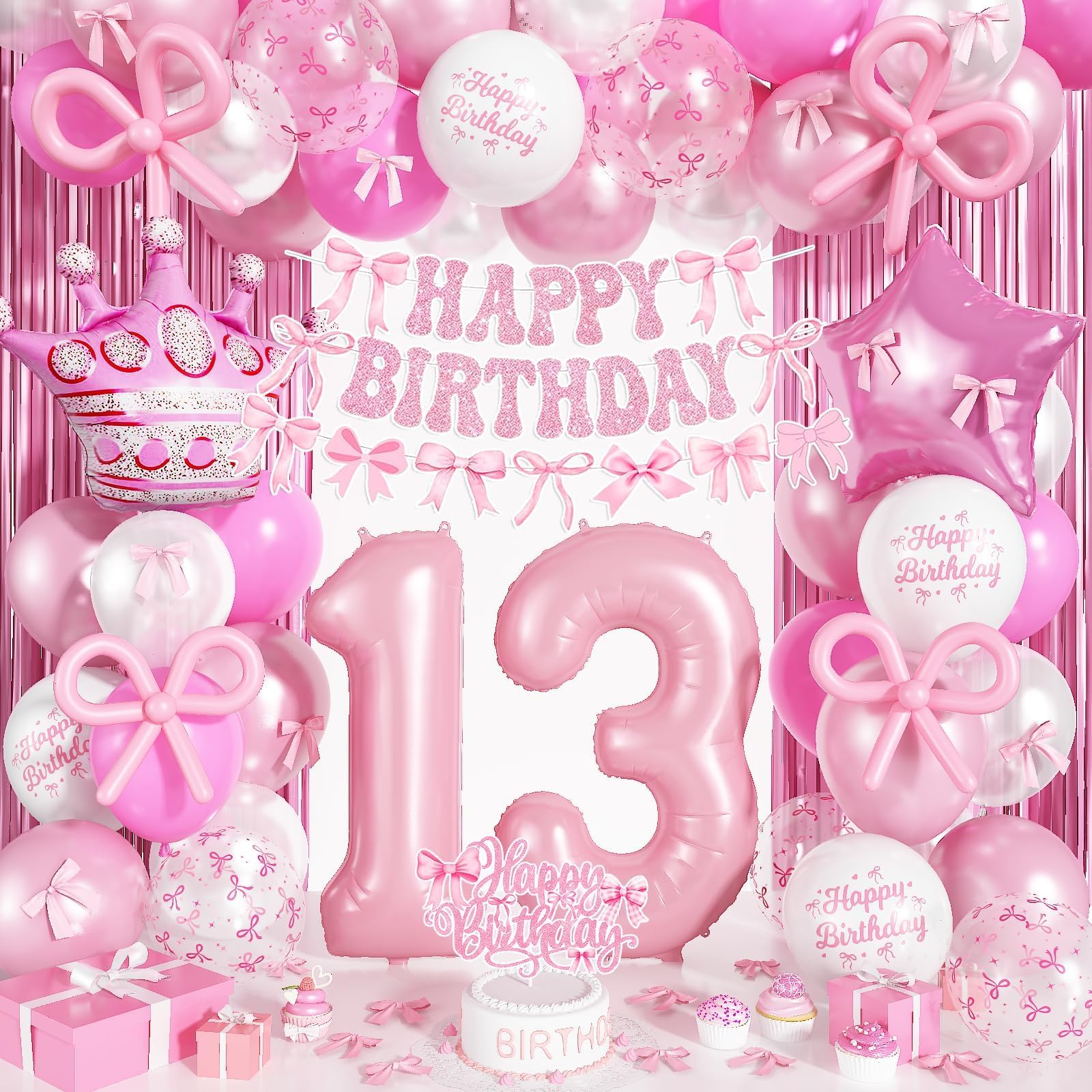Photo 1 of 13th Pink Bow Birthday Decorations for Girls, Coquette Party Decor Include 40 Inch Foil Number 13 Crown Star Balloon Long Latex Balloon Pale Pink Bows Cake Topper Happy Birthday Banner Fringe Curtain