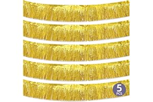 OHIYOO 5 Pack 10 Feet Gold Fringe Garland Foil Fringe Garland Metallic Tinsel Streamers Fringe Backdrop Banner for Parade Floats Birthday Party Decorations Halloween Christmas Decoration (Gold)