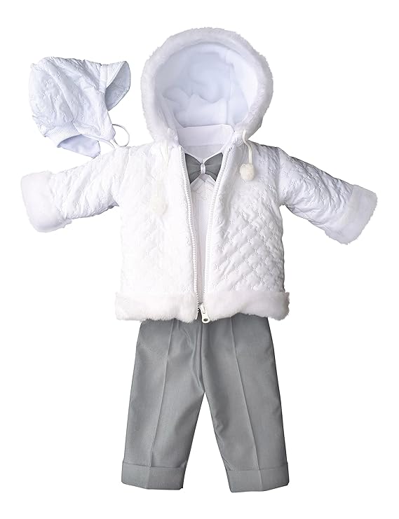 deine-Brautmode Taufanzug Festanzug Jacke Winterjacke Hose Hemd Taufe Baby Anzug Winter Set weiß Hellgrau