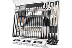 Nicpro 35PCS Art Mechanical Pencil Set, 3 PCS Metal Drafting Pencil 0.5 mm & 0.7 mm & 0.9 mm & 3 PCS 2mm Lead Holder (6B 4B 2B HB 2H 4H Colors) For Sketching Drawing With 20 Tube Lead Refills Case