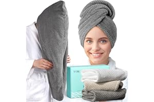 YFONG 3 Pack Large Microfiber Hair Towel Wrap, 30" x 10" Anti Frizz Quick Dry Hair Towels for Women Long, Curly, Thick Hair, Super Absorbent Hair Turban for Wet Hair (Grey, White, Camel)