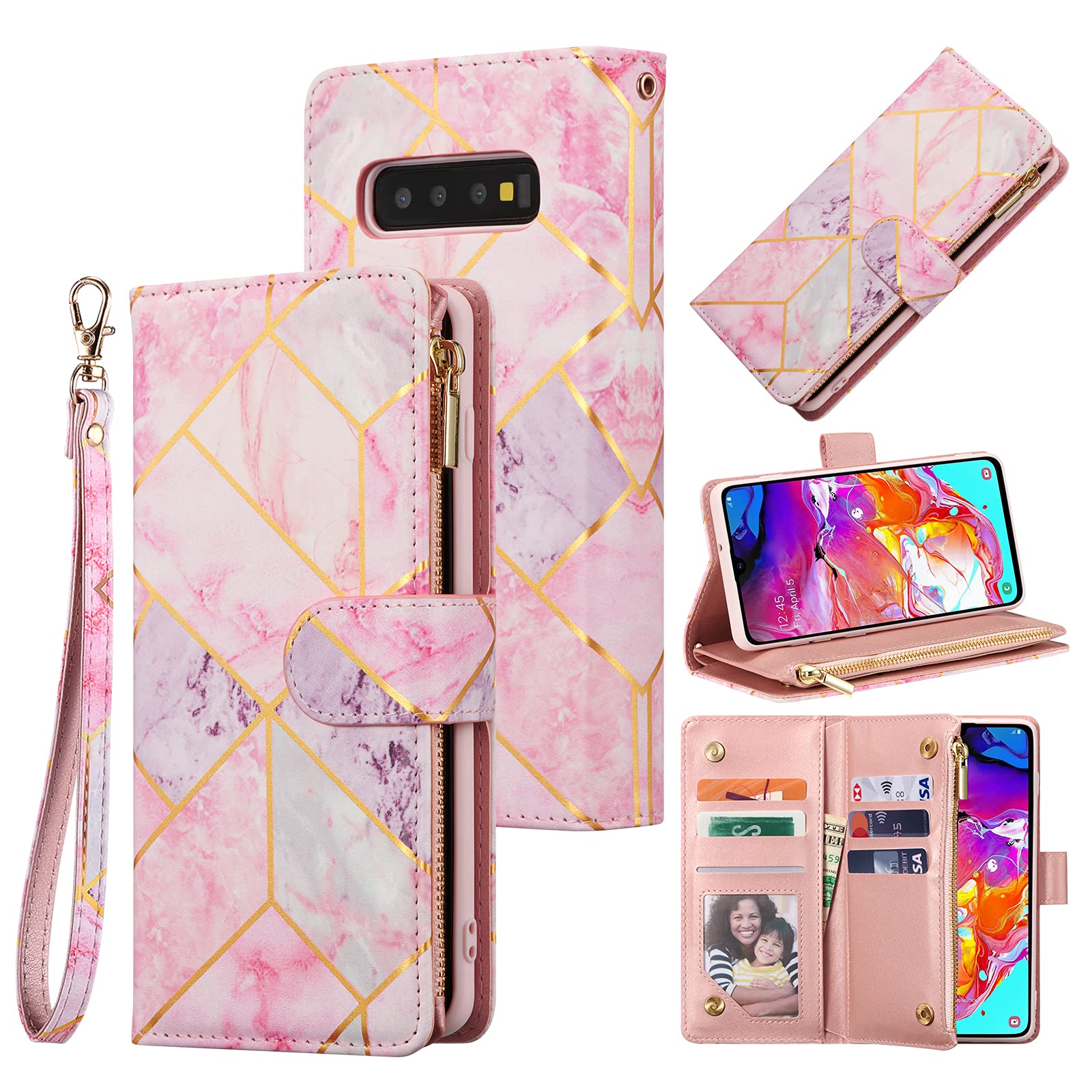 UEEBAI Wallet Case for Samsung Galaxy S10, Premium PU Leather Magnetic Closure Geometric Marble Pattern Handbag Zipper Pocket Case Kickstand Card Holder Slots Shockproof Flip Cover - Pink & Purple