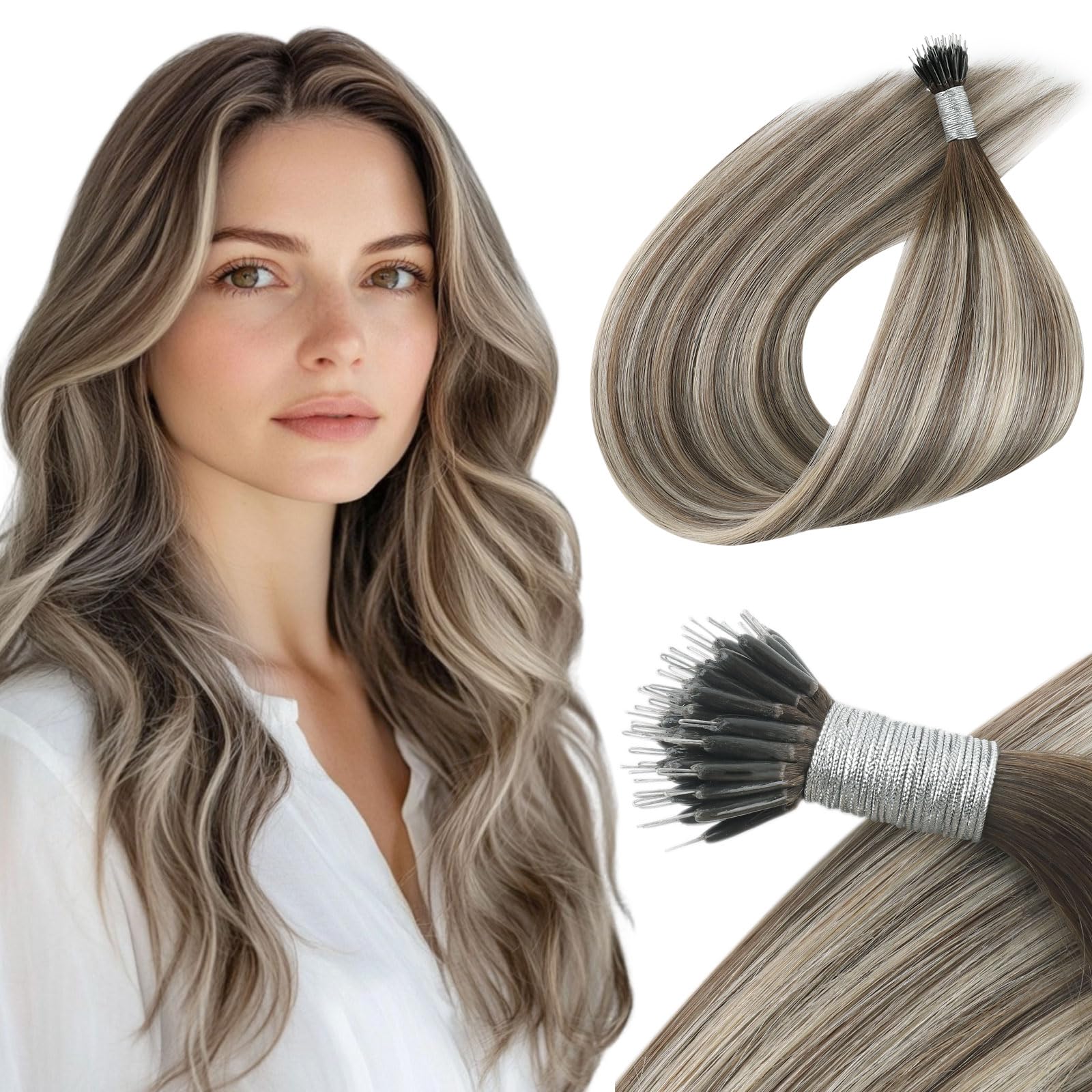 Yuniffe Nano Hair Extensions - Real Human Hair Rooted Brown Fading to Ash Brown, Mixed with Medium Blonde - Nano Ring - Remy Straight - Natural Long 14 Inch - 50g/50s