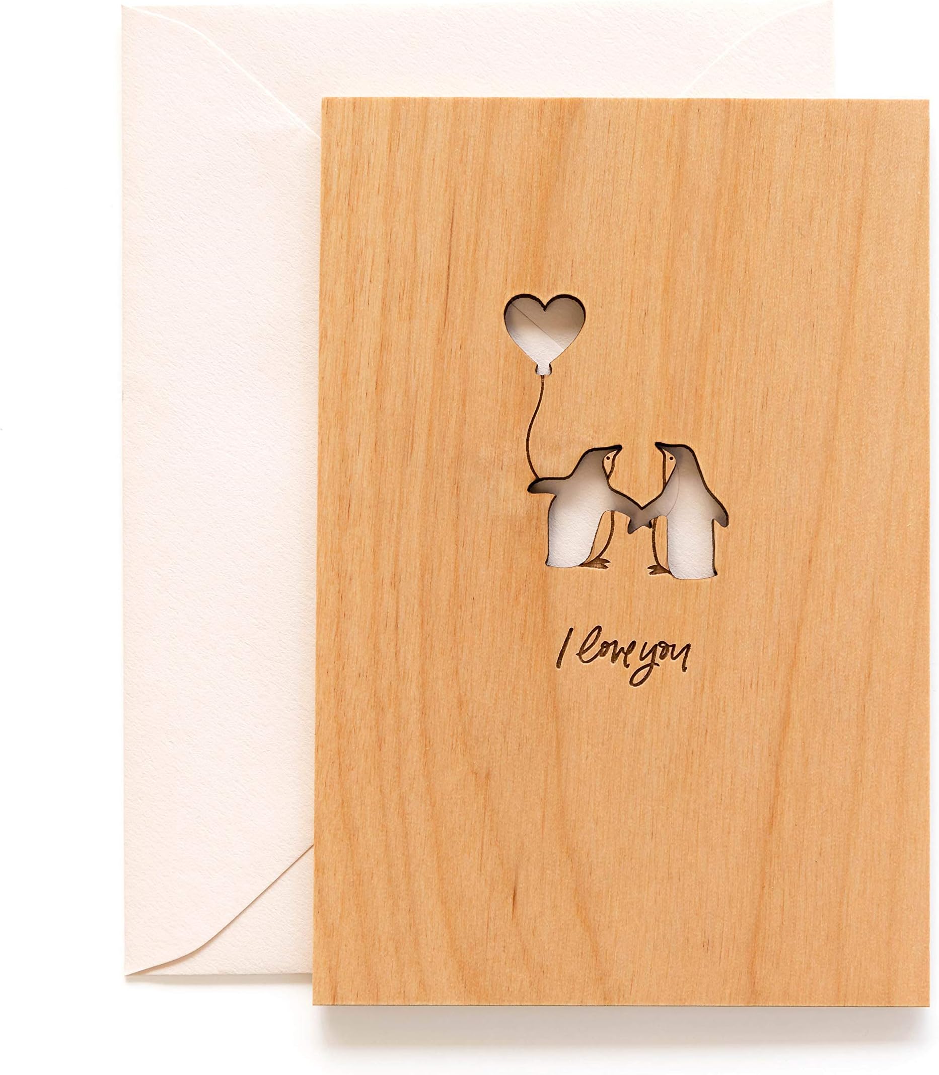 Penguin Love Wood Wedding Anniversary Card for Wife Husband [Happy Birthday Penguin Gifts for Him Her Couple, Valentine's Day Card for Boyfriend Girlfriend, Made in the USA]