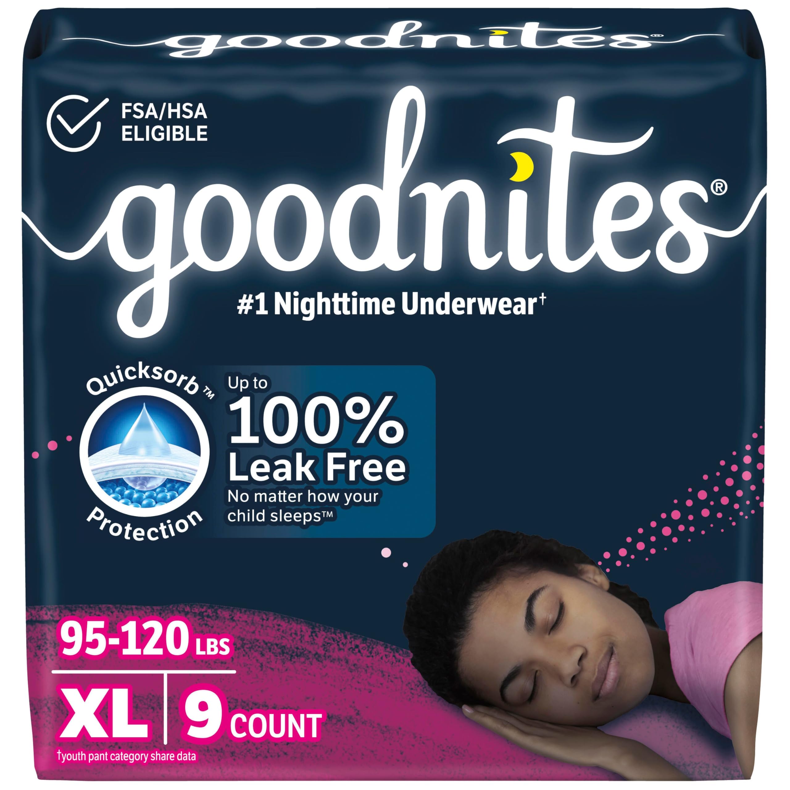 Photo 1 of Goodnites Girls' Nighttime Bedwetting Underwear, Size Extra Large (95-120 lbs), 9 Ct, Packaging May Vary