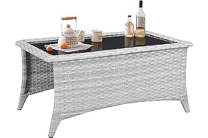 Belord Outdoor Coffee Table with Tempered Glass Top, Patio Rectangular Light Grey Wicker Table, Handwoven Rattan Coffee Table Compatible with Patio Furniture Sets for Porch Deck Backyard