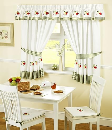 Fruits Pencil Pleat Kitchen Curtains And Tiebacks Green White 46