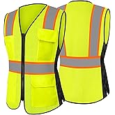 Besentinels 9 Pockets High Visibility Reflective Safety Vest for Women, Full Zip Class 2 Mesh Work Vest for Warehouse, Construction, Utility Workers, Yellow Medium
