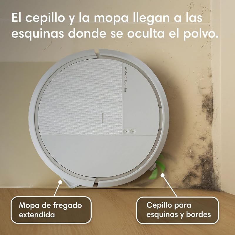 Roomba 115 Combo, Robot Aspirador y friegasuelos 2 en 1, Potencia de succión de 15000 Pascales, Cepillo Lateral Flexible, Mopa de fregado extendida, Navegación Clearview LiDAR, App, Blanco
