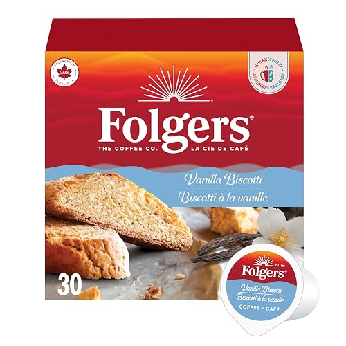 Folgers Vanilla Biscotti One Cup Coffee Pods, 30 Count (Pack of 1) | Indulgent vanilla biscotti single serve flavoured coffee delivers a smooth and creamy taste. Enjoy both hot or over ice!