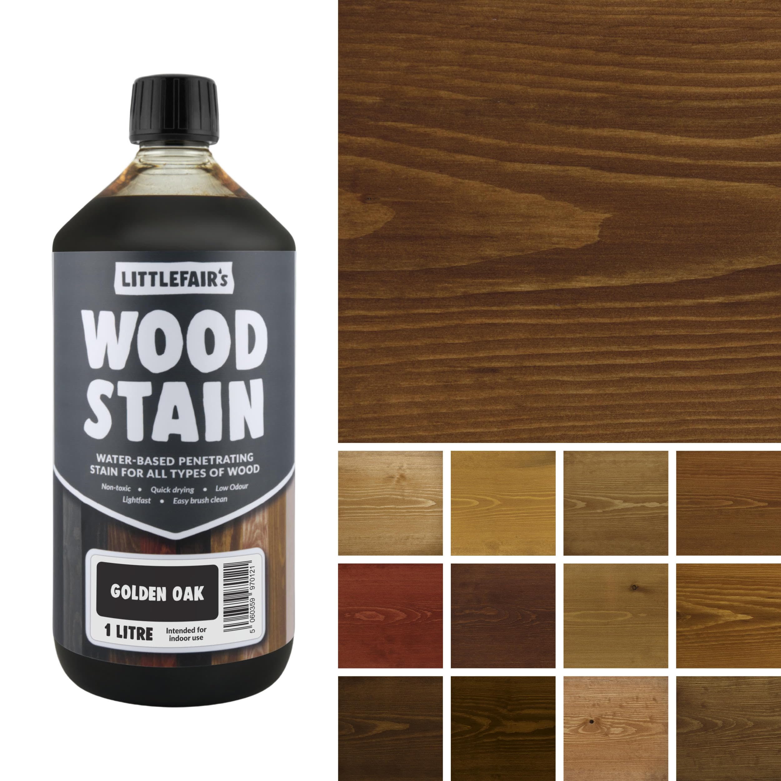 Littlefair's Wood Stain Water-Based - (Golden Oak) – Non-Toxic, Eco-Friendly & Quick Drying - Easy-to-Apply, Concentrated Formula for All Wood Types – 1 LTR