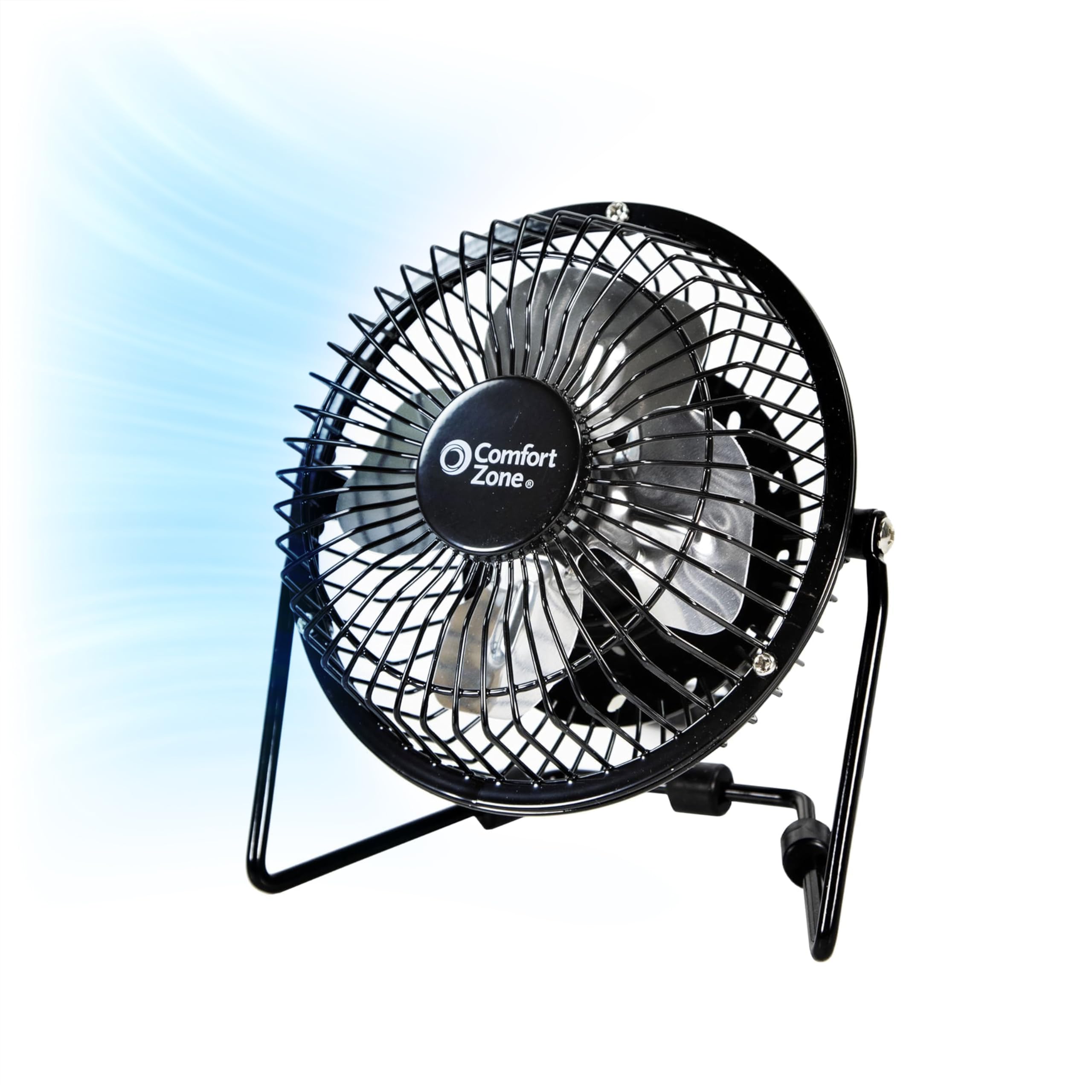 Photo 1 of Comfort Zone 4-inch All-Metal Desk Fan with USB or Power Cord, Single Speed, 360 Degree Adjustable Tilt, Compact & Durable Mini Electric Fan for Home, Office or Travel Use, Black