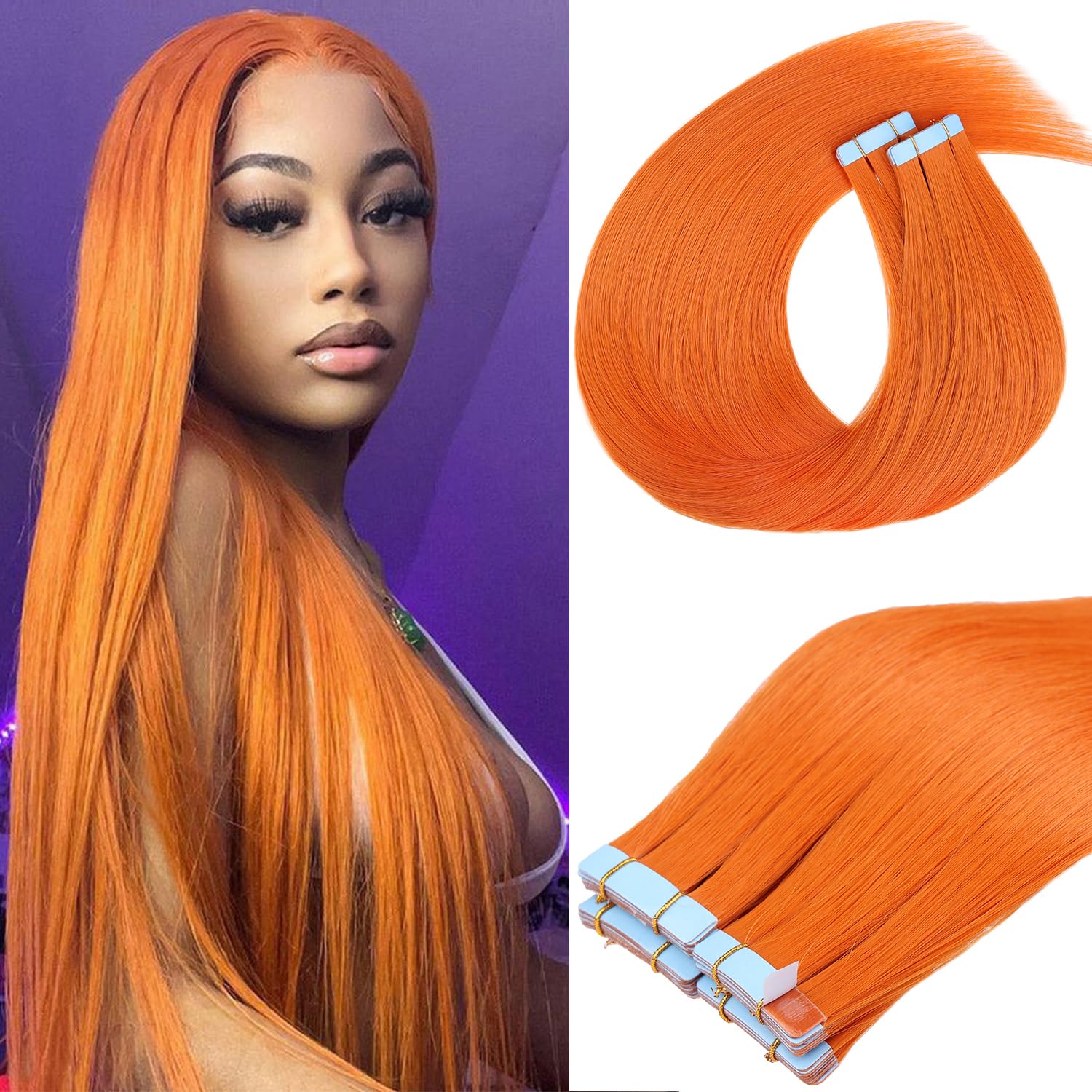 Mscat Tape in Hair Extensions 22 Inch 20Pcs 50g/pack Orange Auburn Invisible Straight Hair Extensions Tape in(22Inch #1002F Orange) — image 1