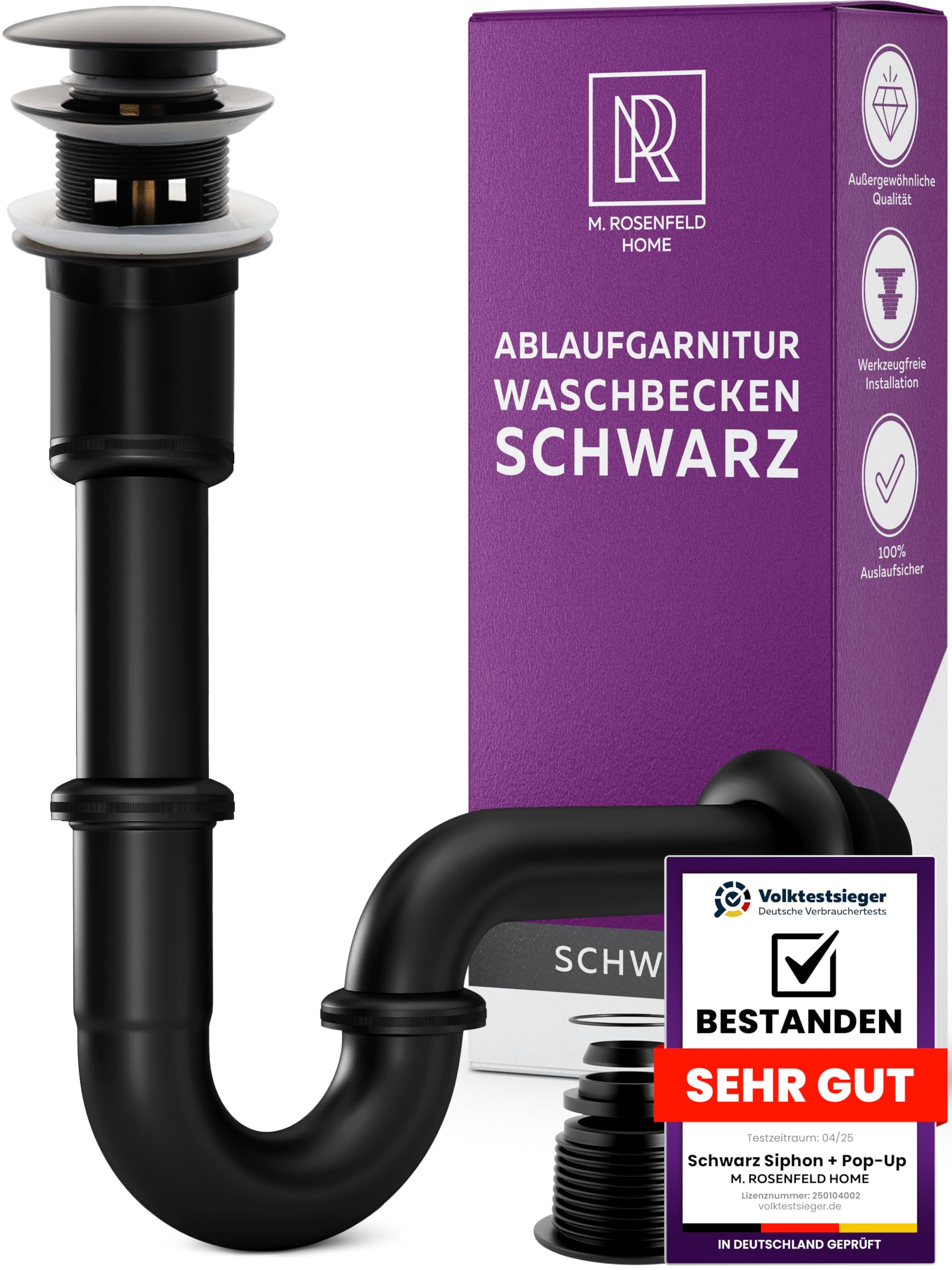 Black Pop-Up Sink Drain Fitting with Overflow + Universal Pipe Siphon for Washbasin, Washbasin, Odour Trap Made of Brass