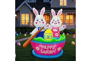 Raymall Easter Inflatables Bunny, 5FT Tall Two Bunnies Boating Happy Blow Up Yard Decorations Outdoor with LED Lights, Blow Up Easter Inflatables Outdoor Decorations