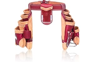 FUERI Leather Tool Belt Bag Men Pouch Heavy Duty Tools Pouches Organizer for Carpenter Construction Electrician Belts Bags Holder (16 Pocket Maroon, Adjustable)