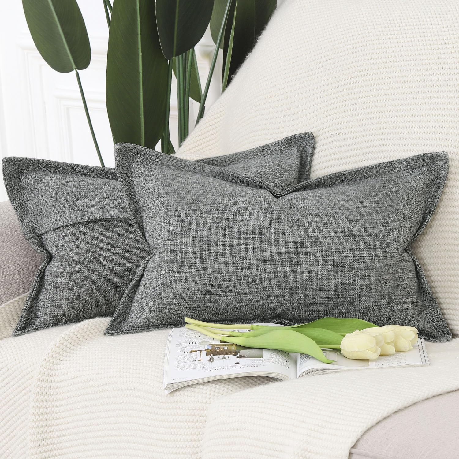 Madizz Set of 2 Faux Linen Cushion Covers with Broad Edge Soft Boho Decorative Pillow Cases for Sofa Bedroom Modern Pillow Shell 12x20 inch, 30x50 cm Grey