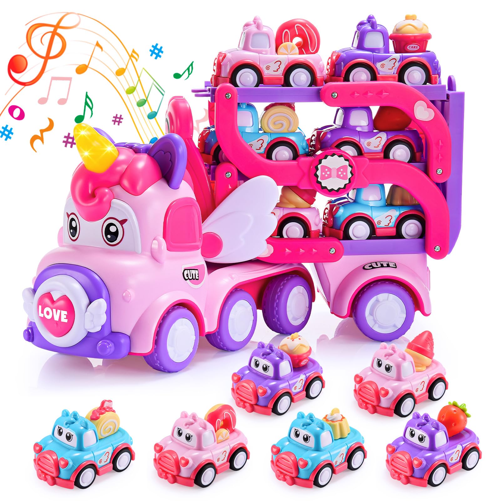 EUTOYZ Toys for 1 2 Year Old Girl, Unicorn Gifts for Girls Toddler Car Girl Toy Age 1-3 Gifts for 1-3 Year Old Unicorn Toys 1-3 Year Old 28.3 in Extra Long Track Slide 7-in-1 Toy Cars