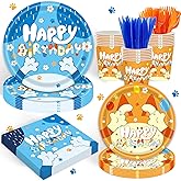 120 Pcs Blue And Yellow Cartoon Dogs Party Supplies Serves 20 Guests Cartoon Dogs Party Decorations Decorations Plates Napkins and knife and fork