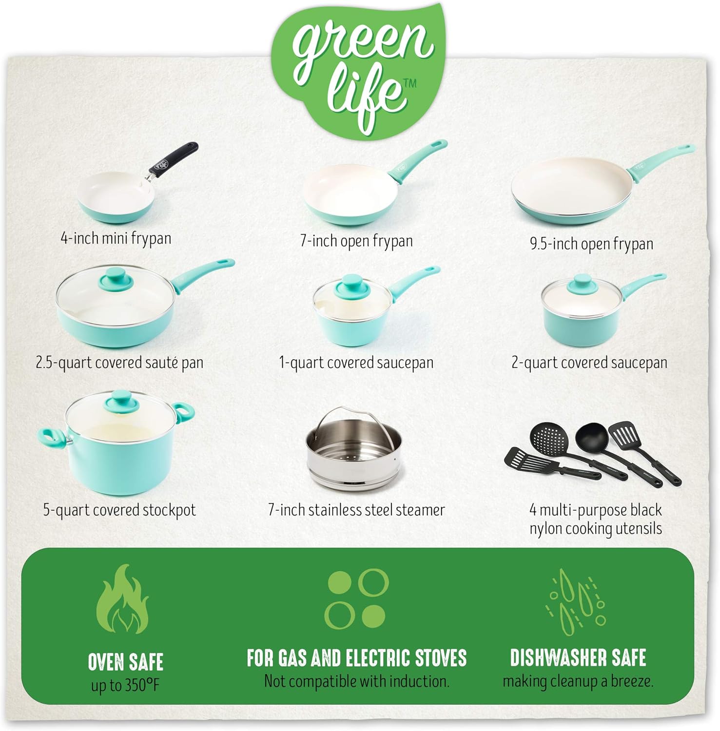 GreenLife Soft Grip 16pc Ceramic Non-Stick Cookware Set, Turquoise - CC001007-001: Kitchen & Dining