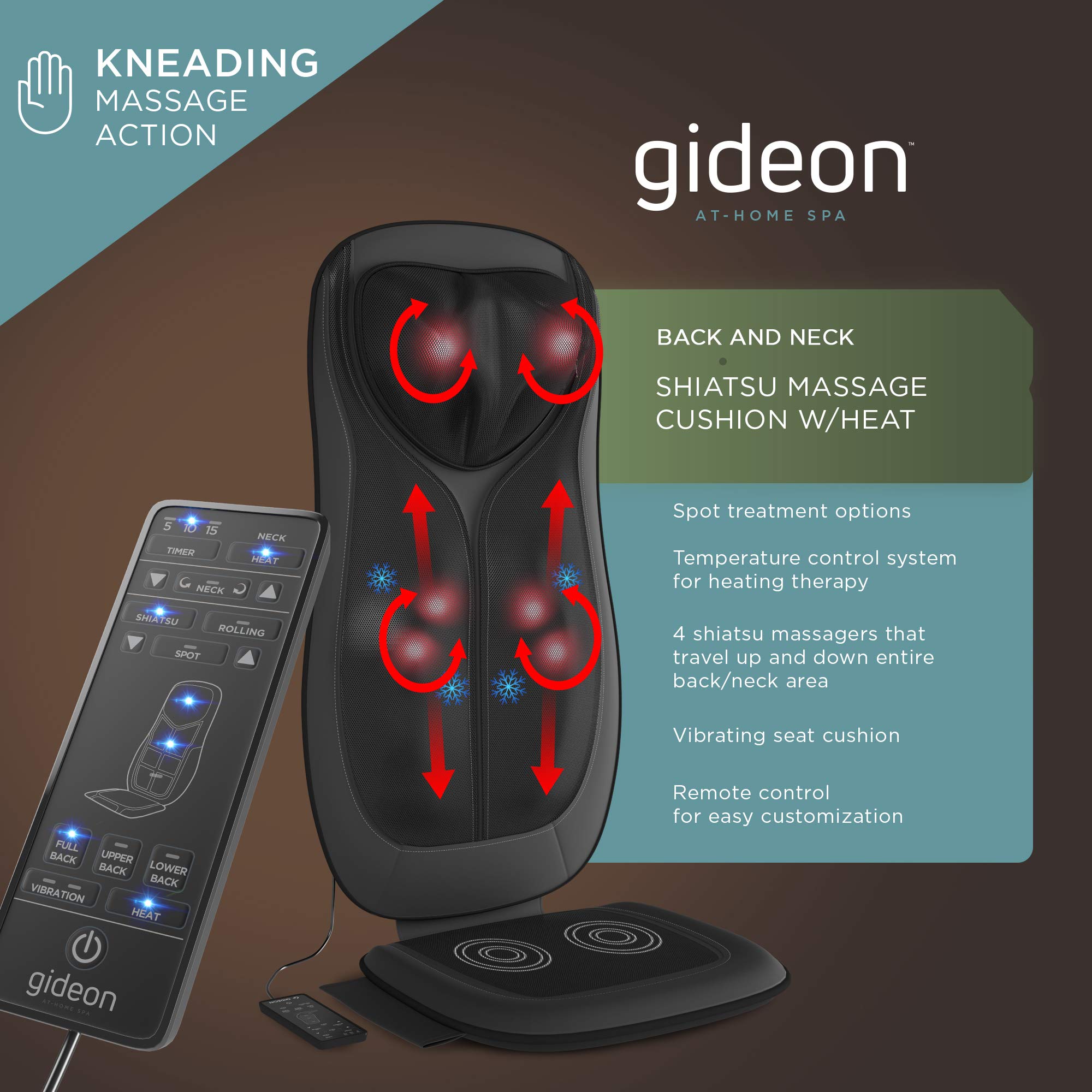 Gideon Luxury Six-Program Fully Customizable Back and Neck Massaging Cushion with Heat / Shiatsu Deep Kneading, Rolling and Vibrating – Massage Sitting Area, Full Back and Neck