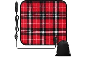 Tuanse 16 x 16 Inches Car Electric Blanket 12 Volt Heated Car Blanket with Temperature Controller and Black Storage Bag Cold Weather Tailgating and Emergency Kit(Black Red White,Plaid)