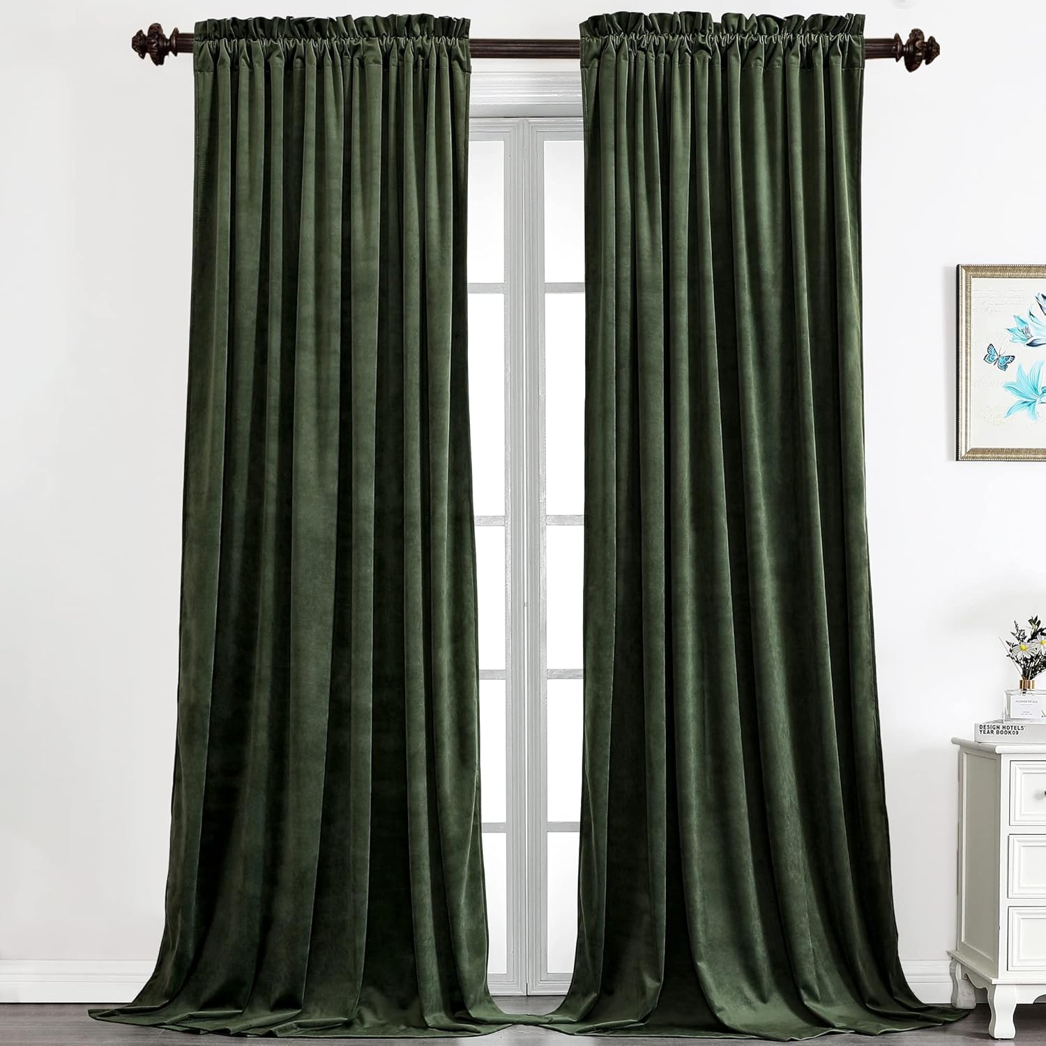 Window Treatments - Benedeco Green Velvet Curtains for Bedroom Window, Super Soft Luxury Drapes, Room Darkening Thermal Insulated Rod Pocket Curtain for Living Room, W52 by L84 inches, 2 Panels