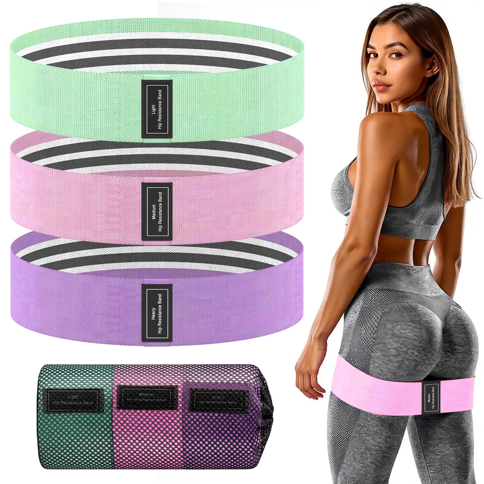 Photo 1 of Wide Fabric Resistance Bands for Working Out | 3 Strength Level Non-Slip Exercise Booty Bands for Women & Men | Comes with a Bag and Tape Measure | for Home Gym, Yoga, Pilates - Purple