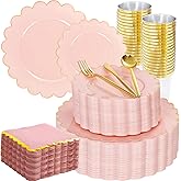 LIYH 210 Pcs Pink and Gold Scalloped Plastic Plates - Disposable Dinnerware Set, Include Gold Plastic Silverware, Pink Plates and Napkins Party Supplies for Birthday Wedding