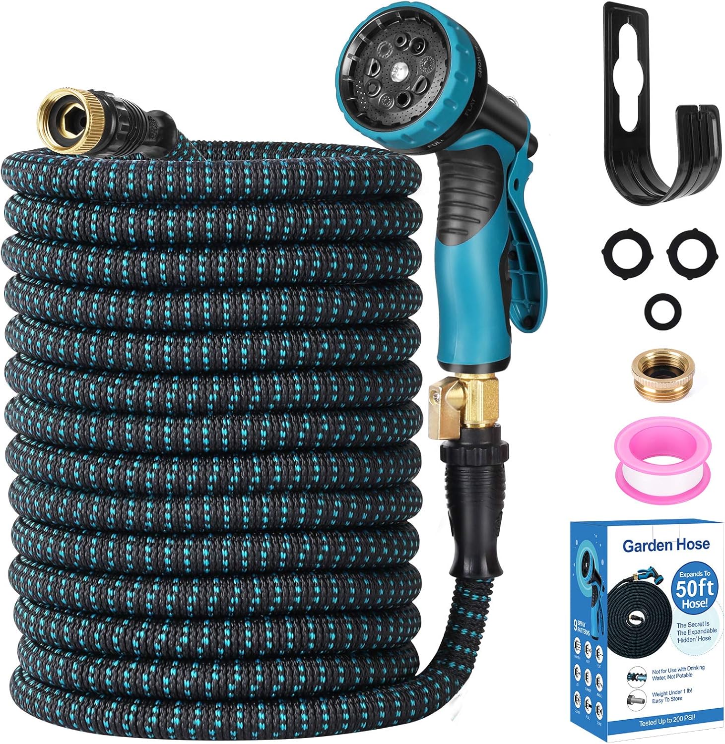 Expendable Garden Hose, Homga 50FT Garden Water Hose with 9 Function Nozzle and 3-Layers Latex, Heavy Duty Kink Free Water Hose with 3/4