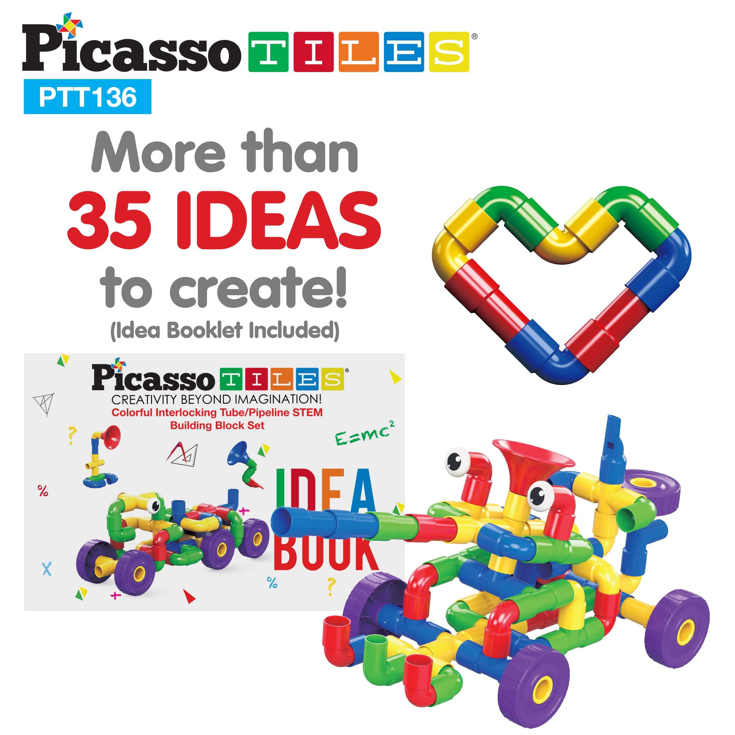 PicassoTiles PTT136 136pcs Tubular Pipes & Spout STEAM Interlocking Educational Building Block Set, Tube Locks, Pipeworks Construction Blocks w/Storage Container Box, Idea Book, Flute Musical Kit