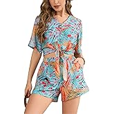 Molirex Womens 2 Piece Hawaiian Outfits Half Sleeve Twist Knot Button Down Short Sets Tropical Print Summer Tracksuits