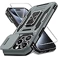 DEERLAMN Case for iPhone 15 Pro Max with Slide Camera Cover+Screen Protector(1 Pack), Rotated Ring Kickstand Military Grade Shockproof Protective Cover 6.7 Inch-Grey