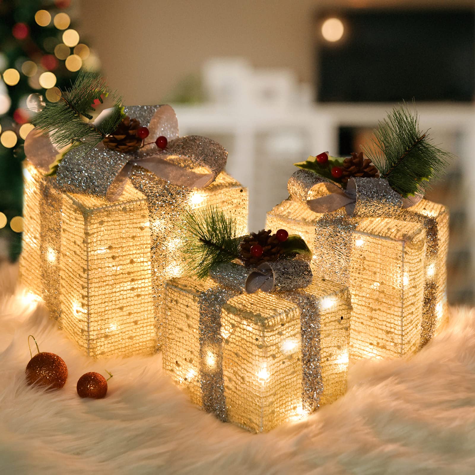 Photo 1 of Set of 3 Christmas Lighted Gift Boxes Decorations, Pre-lit 60LED Warm Boxes with Warm White Lights, Battery Operated Christmas Lights Decor for Xmas Tree, Home, Party, Holiday?Indoor
