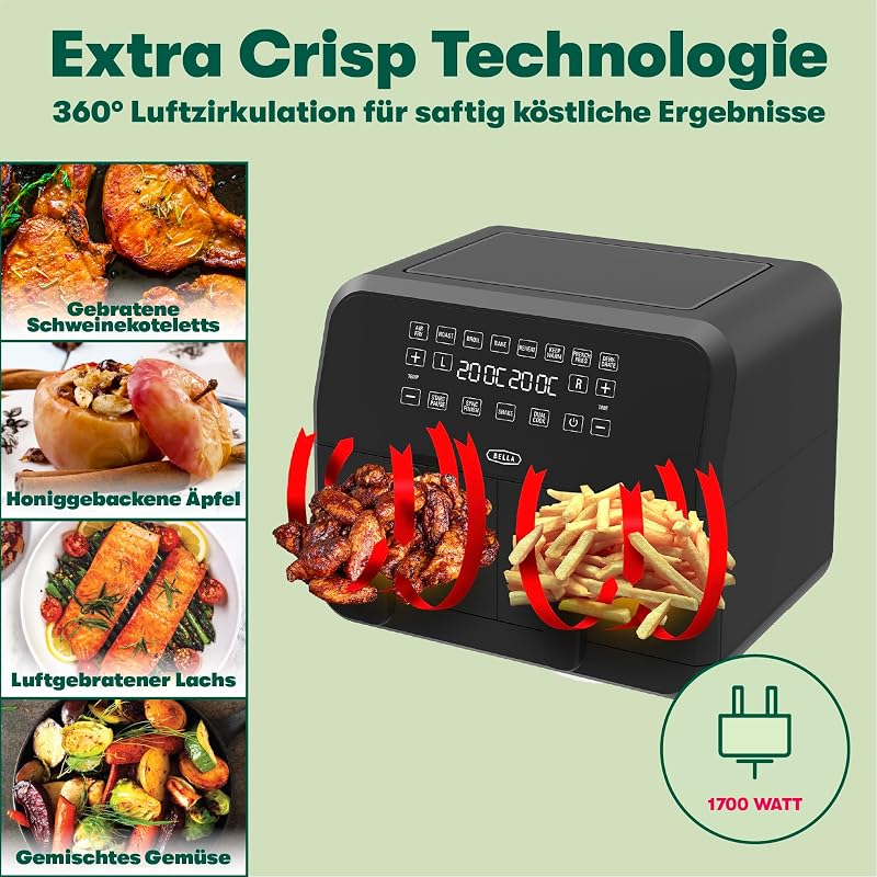 8L Dual Basket Heißluftfritteuse mit Touchscreen, 8 Kochfunktionen, einstellbarer Temperatur, automatischer Abschaltung und Timer, antihaftbeschichteten Kochschalen, 1700W, Schwarz