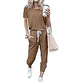 PRETTYGARDEN Women Summer Two Piece Outfits Striped Short Sleeve Pullover and Long Pants Tracksuit Travel Pajama Lounge Set
